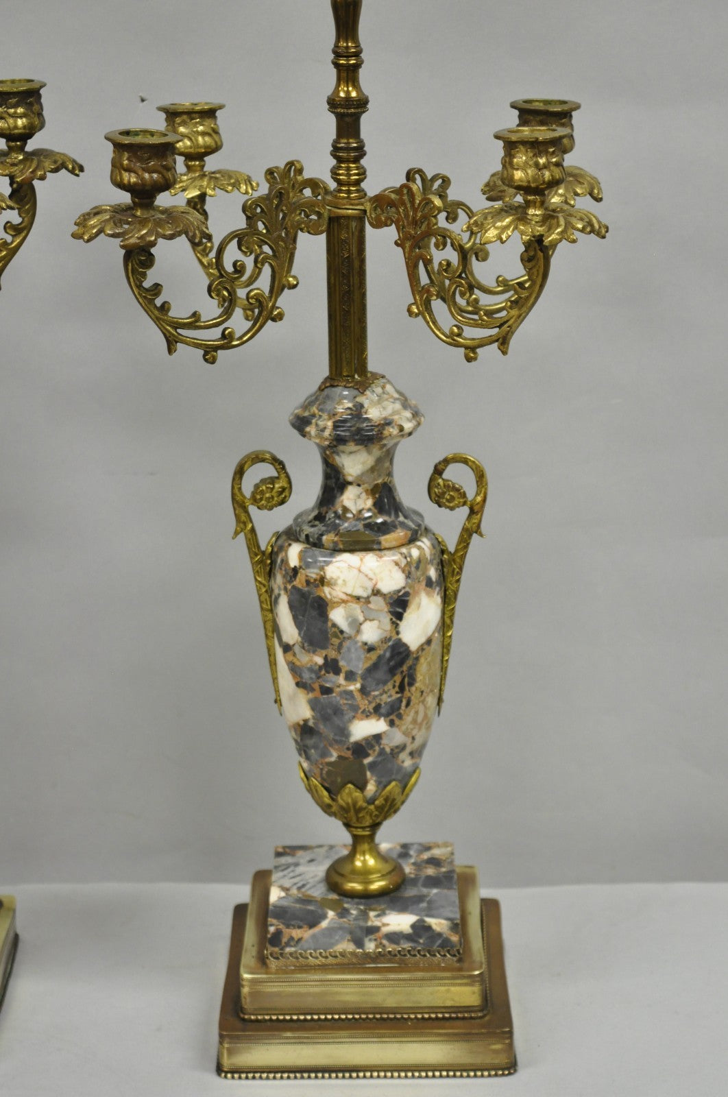 Antique French Empire Neoclassical Marble Urn Brass Candelabra Table Lamp Pair