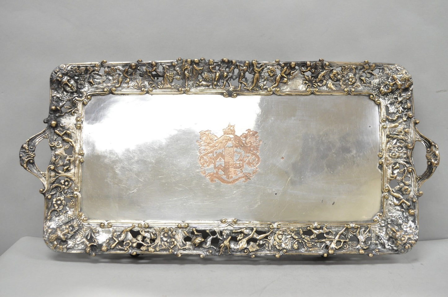 French Renaissance Bacchanal Scene Silver Plated Bacchus Figural Platter Tray