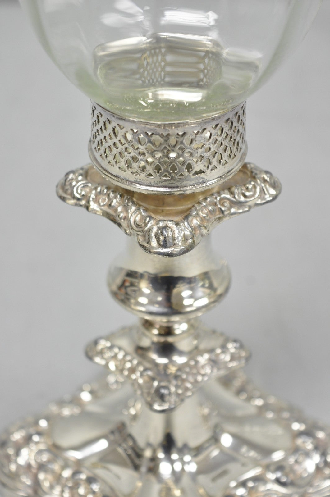 Antique Victorian Silver Plated Glass Hurricane Lamp Shade Candlestick - Pair