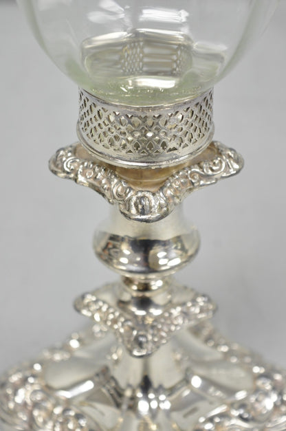 Antique Victorian Silver Plated Glass Hurricane Lamp Shade Candlestick - Pair