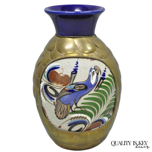 Mateos Mexico Tonala Pottery Mid Century Modern Brass Peacock Feather 7" Vase
