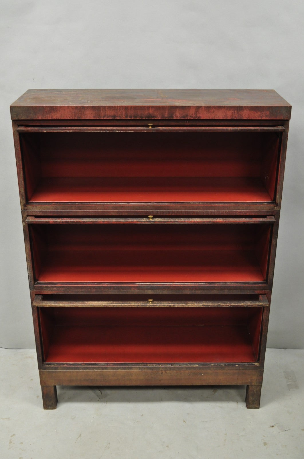 Vintage Industrial Steel Metal Faux Woodgrain Painted Stack Barrister Bookcase