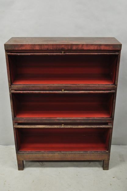 Vintage Industrial Steel Metal Faux Woodgrain Painted Stack Barrister Bookcase