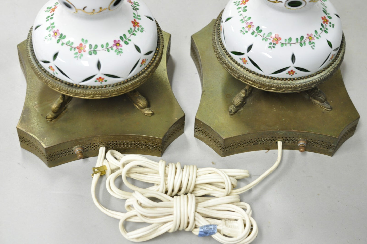 Antique Bohemian Czech Cut to Clear Glass Green and White Table Lamps - a Pair