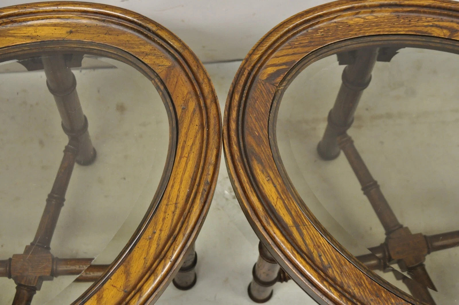 Vintage Chinese Chippendale Faux Bamboo Oval Small Glass Top Side End Table Pair