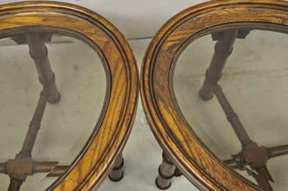 Vintage Chinese Chippendale Faux Bamboo Oval Small Glass Top Side End Table Pair