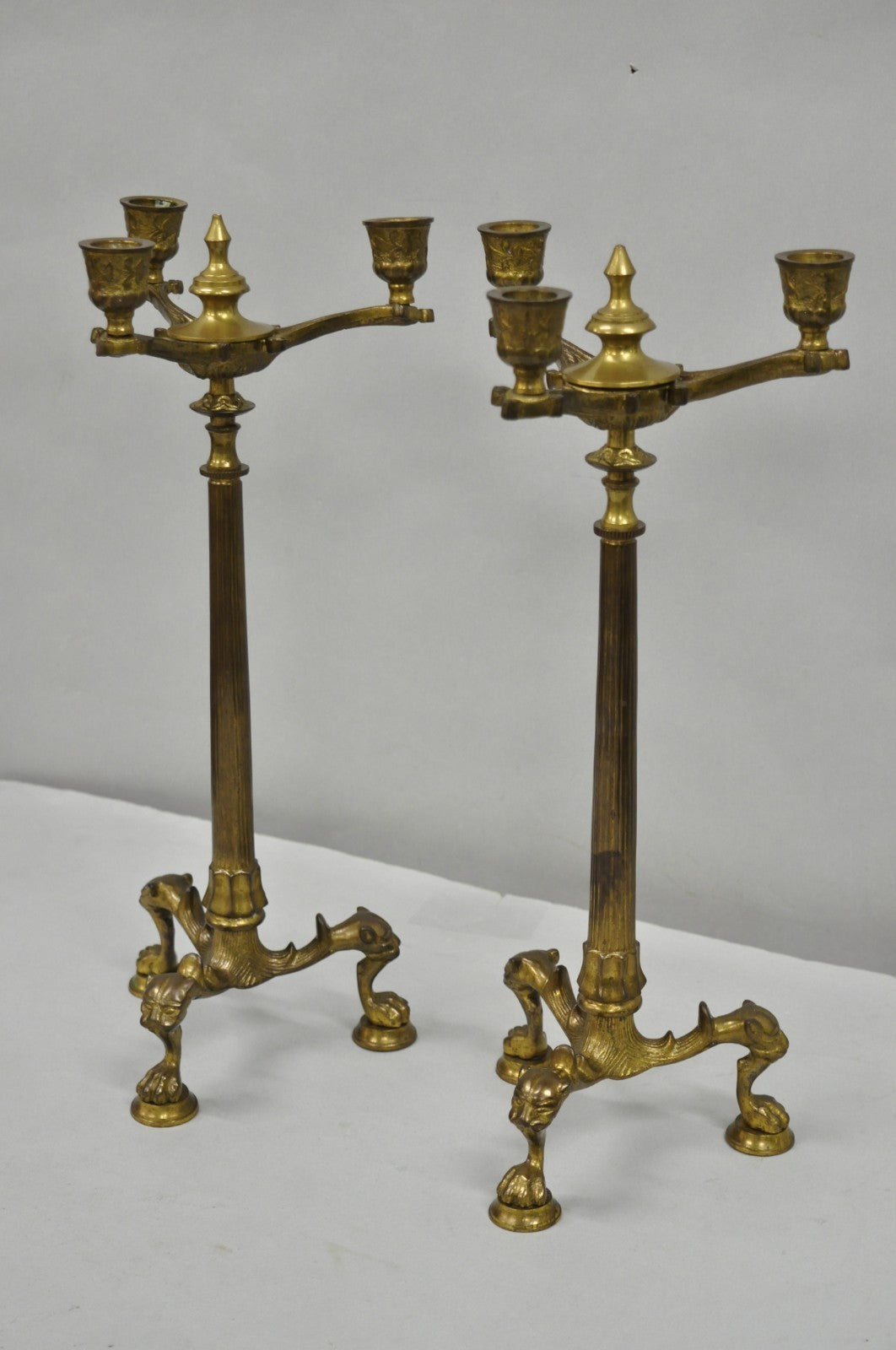 Antique French Renaissance Gothic Figural Brass 16" Candelabra w/ Lions - a Pair