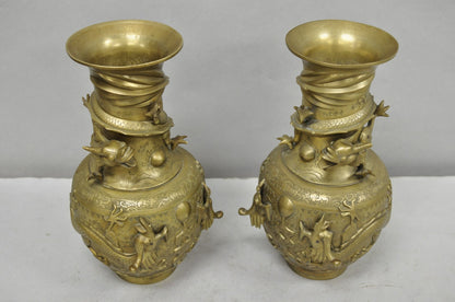 Vintage Japanese Dragon Relief Bronze Chinese 10" Oriental Flower Vase - a Pair