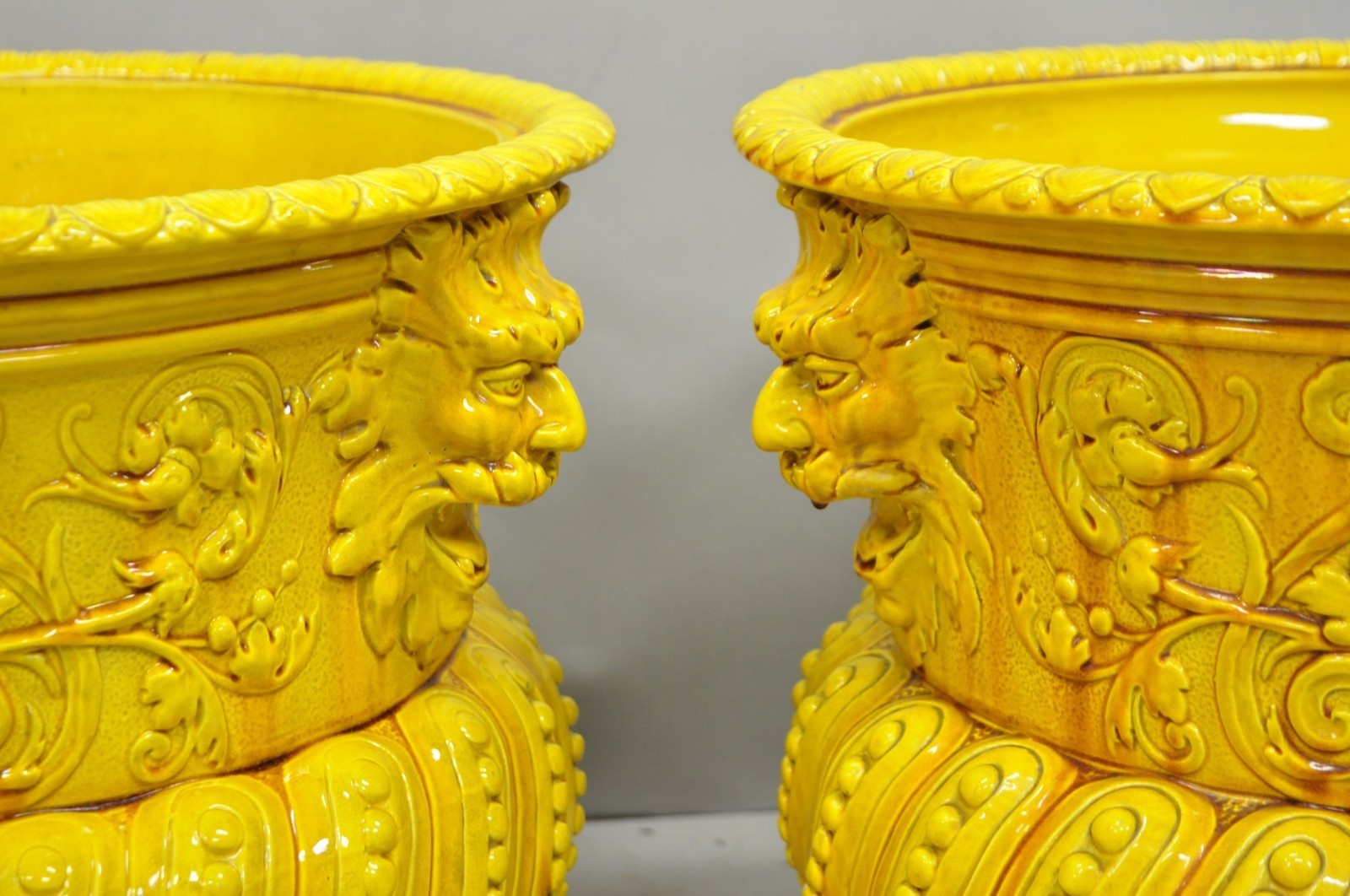 Burmantofts Faience Majolica English Regency Yellow Glazed Jardiniere Pot - Pair