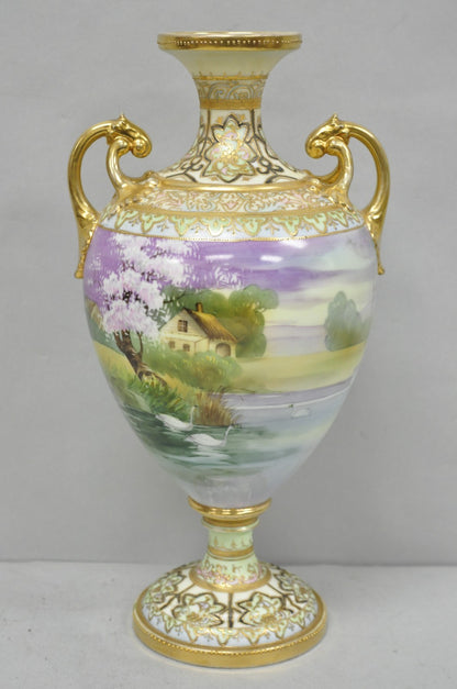 Antique Nippon Hand Painted Cottage Lake Porcelain Twin Handle Bolted Urn Vase