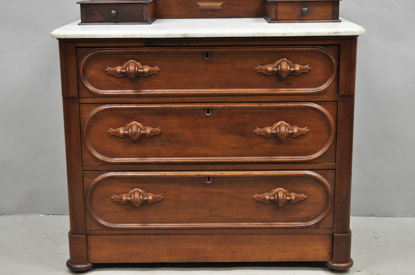 Antique Eastlake Victorian Carved Walnut Marble Top Washstand Dresser w/ Mirror