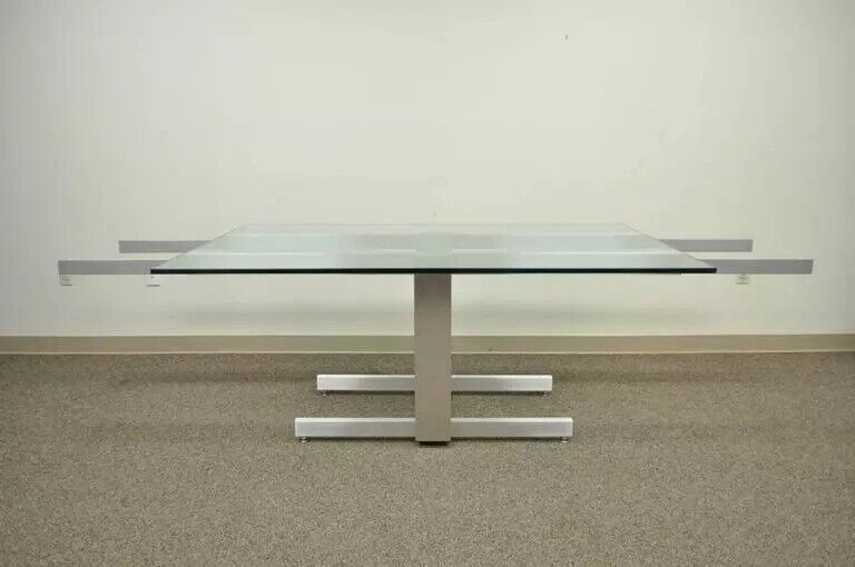 Vladimir Kagan Brushed Aluminum & Glass Cubist Extension Dining Conference Table