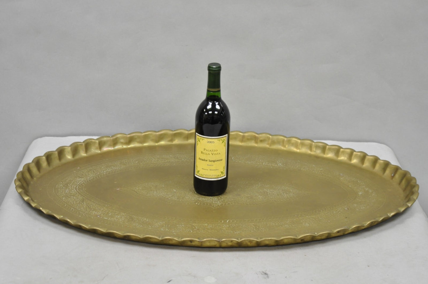Vintage Moroccan Middle Eastern Solid Brass Large Oval Engraved 35" Tray Top