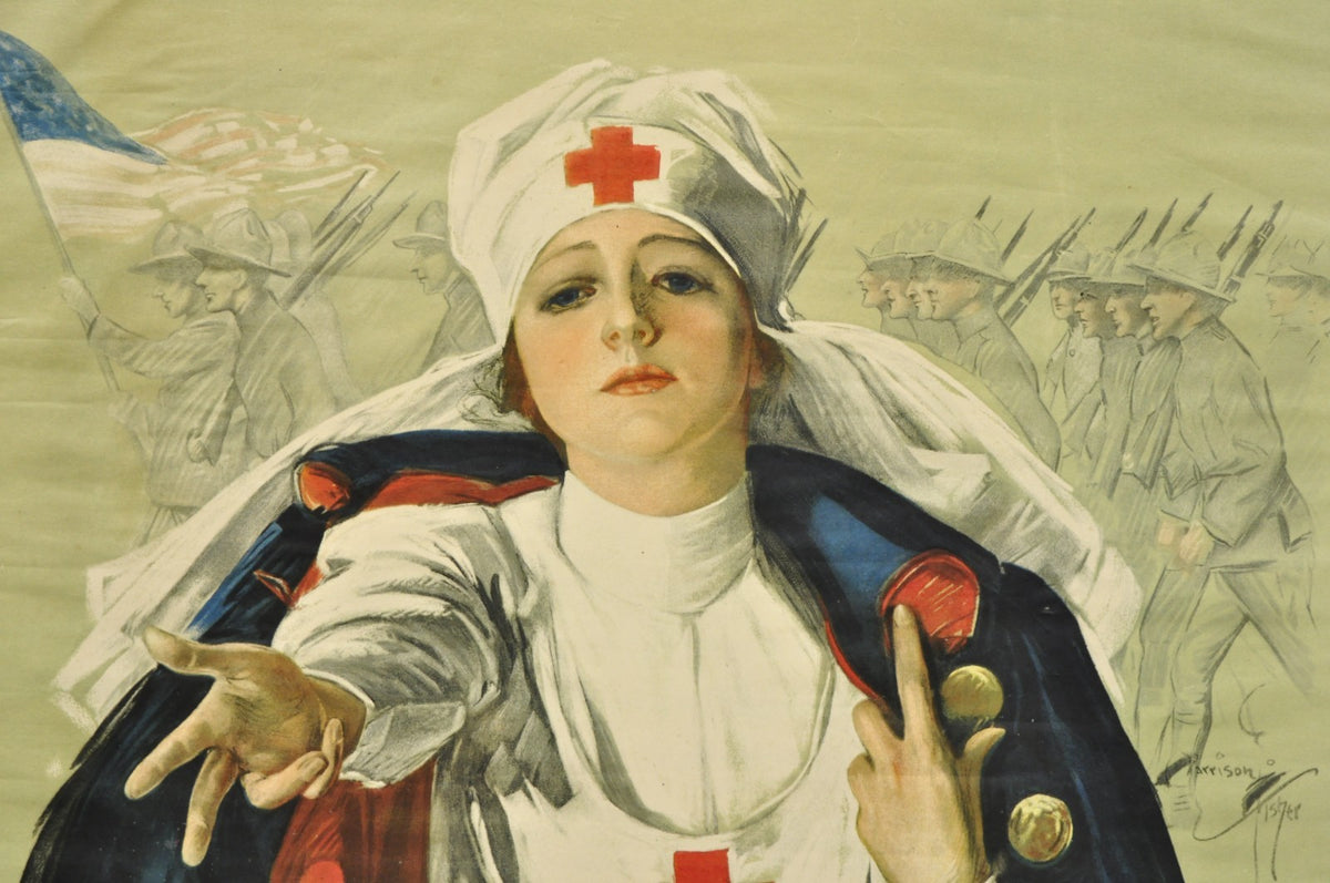 Original Vintage 1918 WWI Harrison Fisher Poster Red Cross Christmas Roll Call