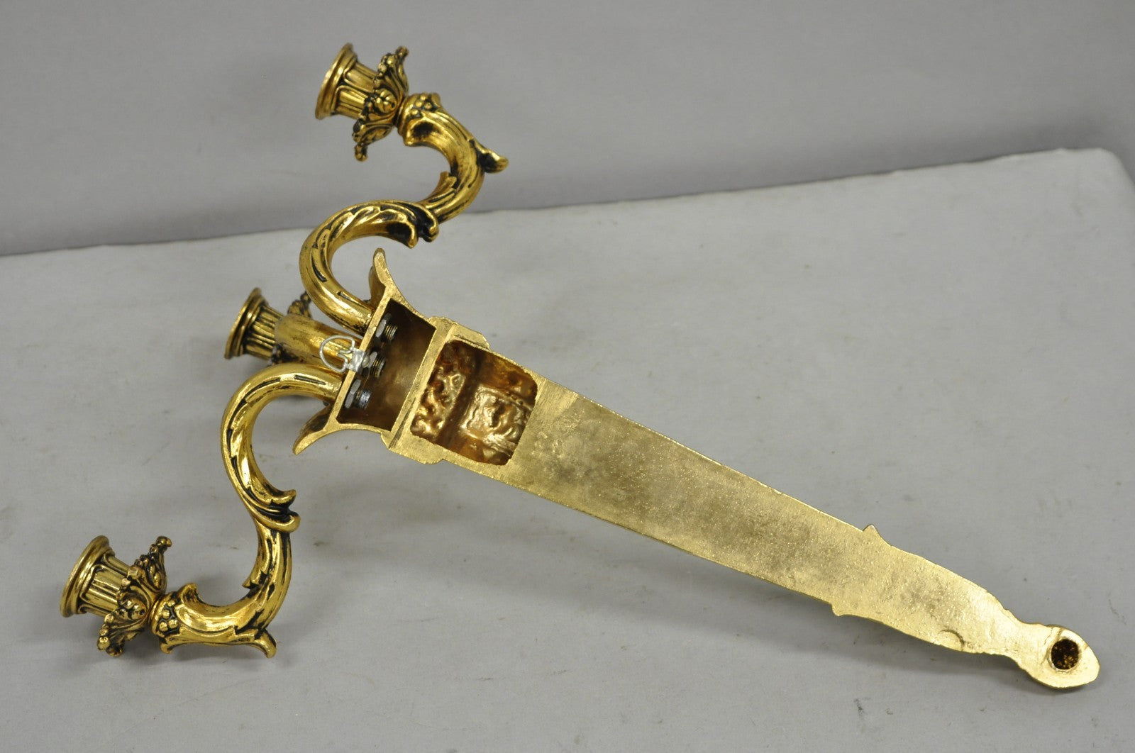 Vintage French Empire Gold Gilt Metal 3 Arm Torch Candelabra Wall Sconces a Pair