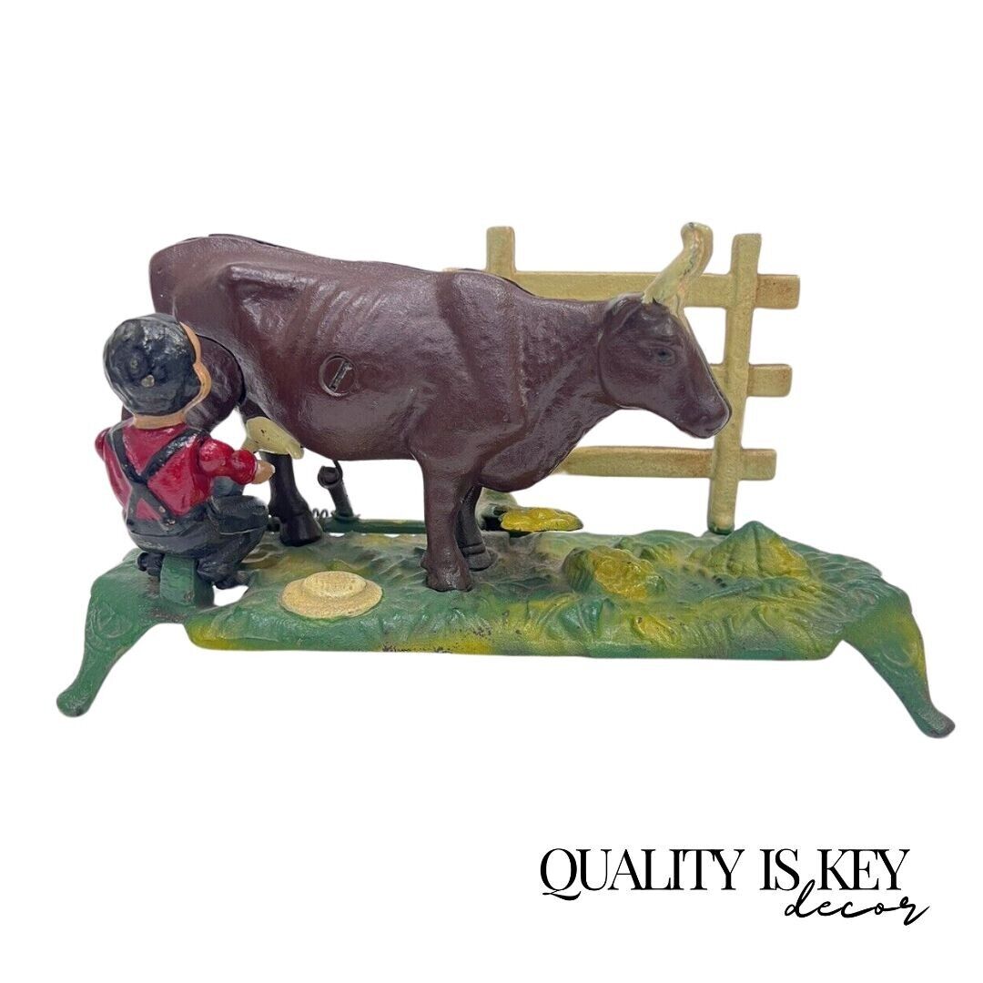 Vintage Cast Iron Mechanical Bank Book of Knowledge Kicking Milking Cow