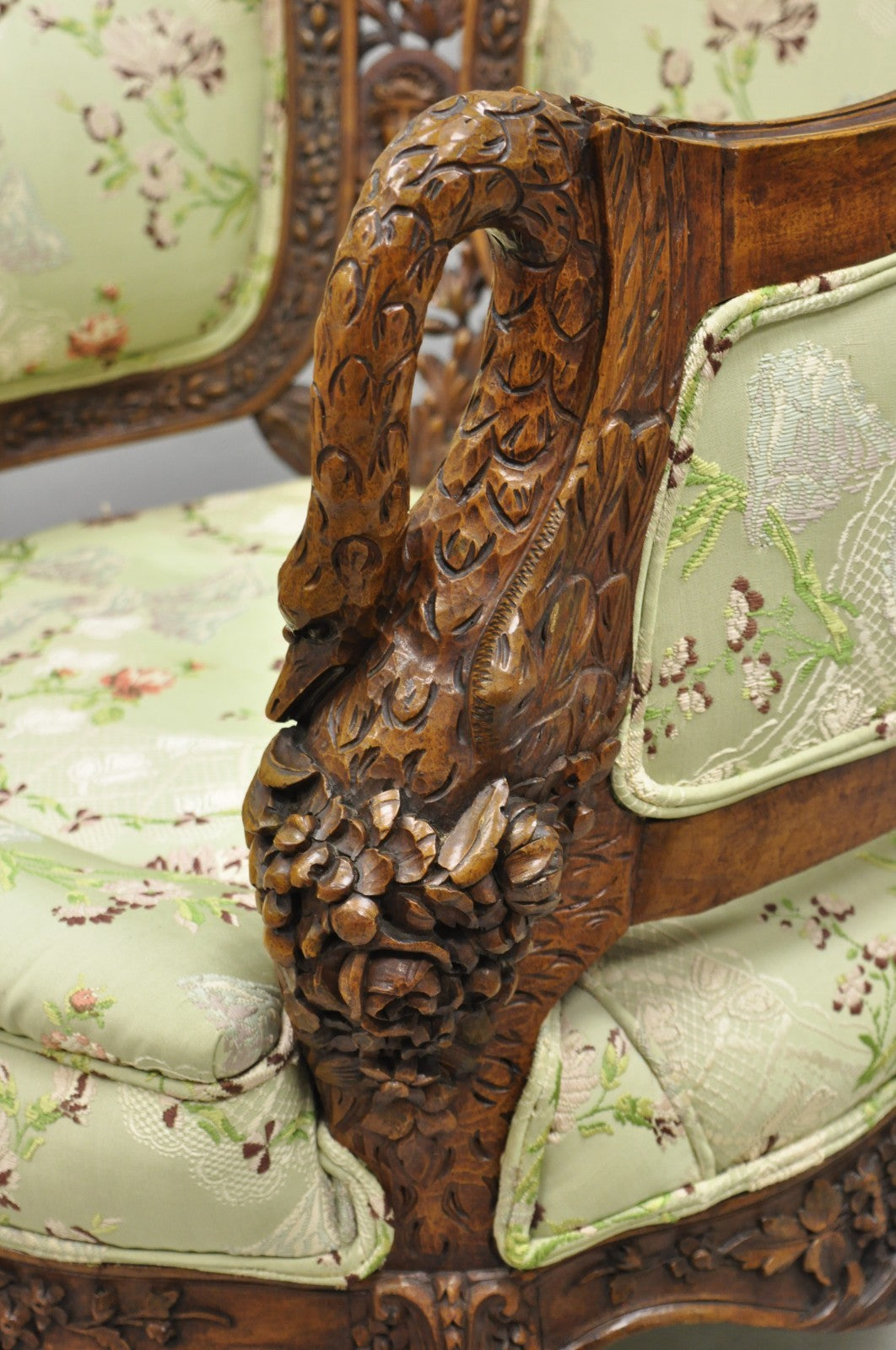 Antique Italian Regency Swan Carved Walnut French Victorian Club Lounge Chair