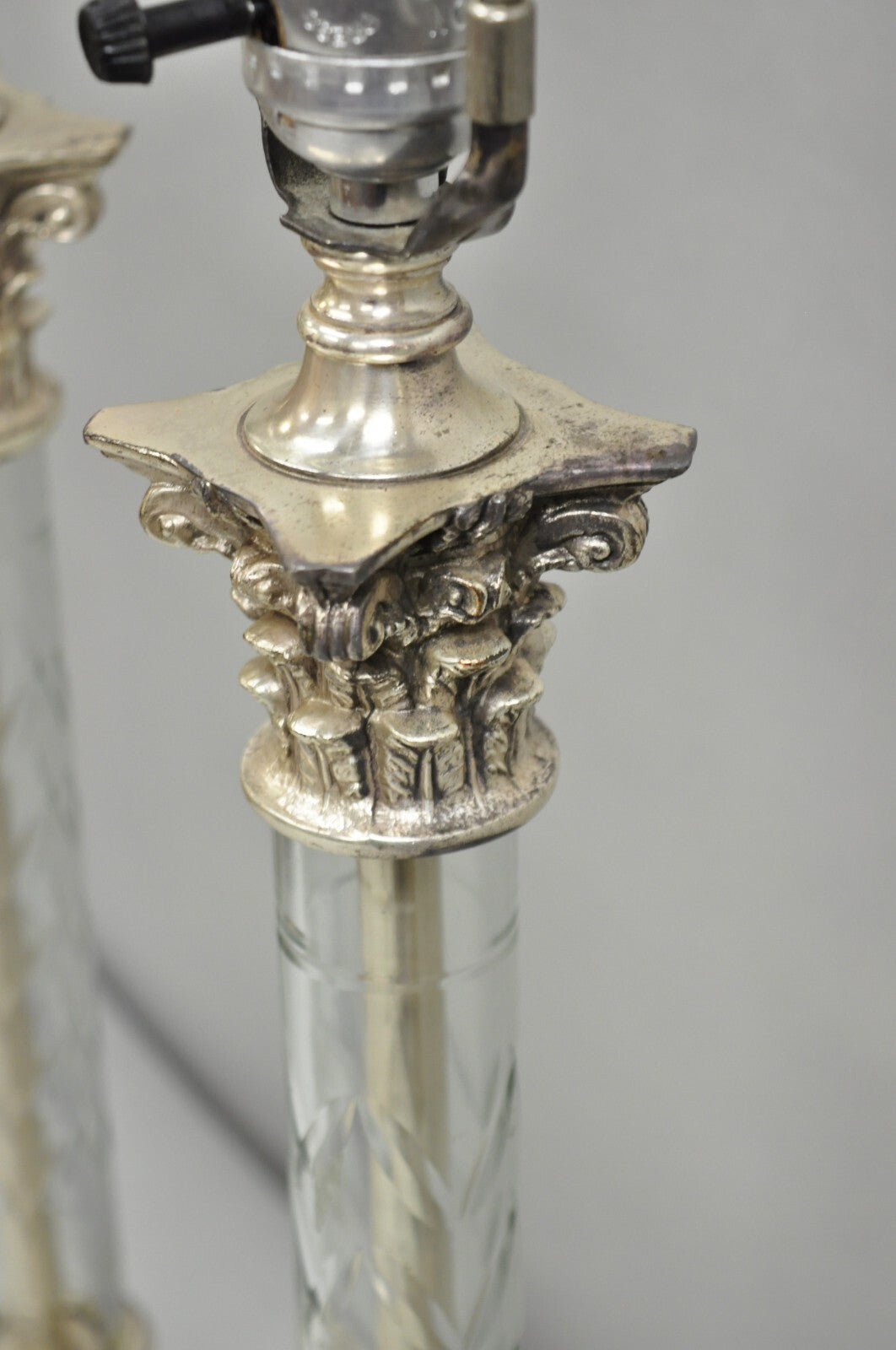 Antique French Empire Nickel Silver Glass Corinthian Column Table Lamps - a Pair