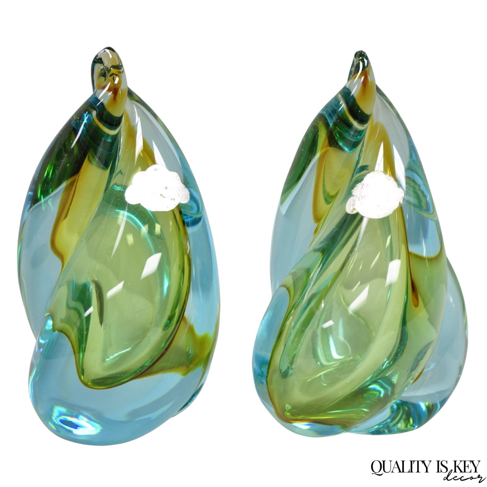 Mid Century Modern Alfredo Barbini Murano Italy Blue Art Glass Flame Bookends