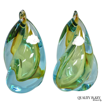 Mid Century Modern Alfredo Barbini Murano Italy Blue Art Glass Flame Bookends