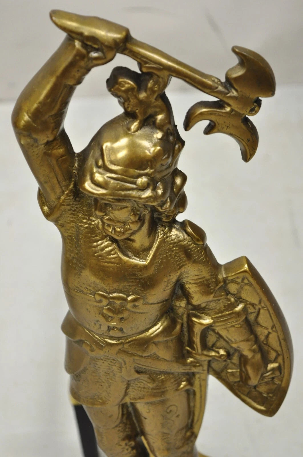 Vintage Renaissance Brass Figural Soldier Warrior Fireplace Andirons - a Pair