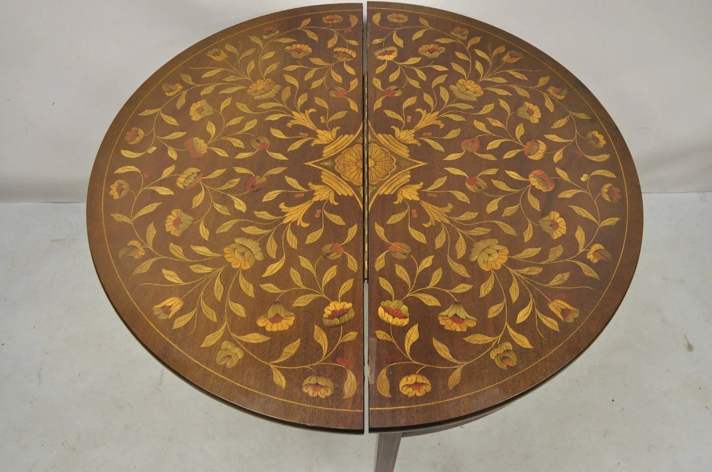 Antique Dutch Marquetry Inlay Flip Top Demilune Round Console Game Table