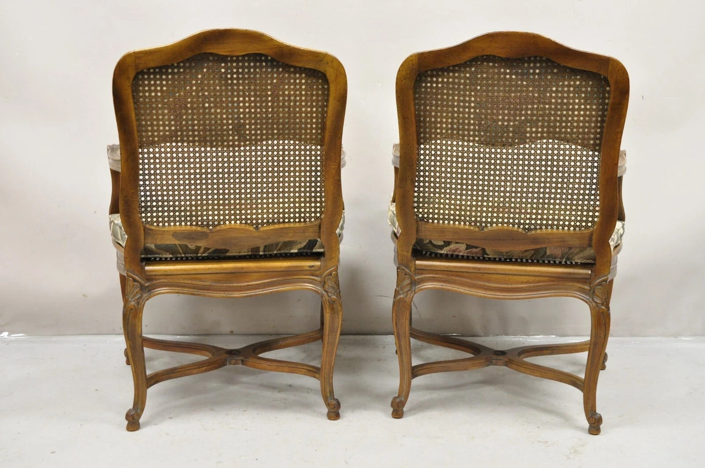 Vintage French Country Louis XV Style Upholstered Cane Lounge Arm Chairs - Pair