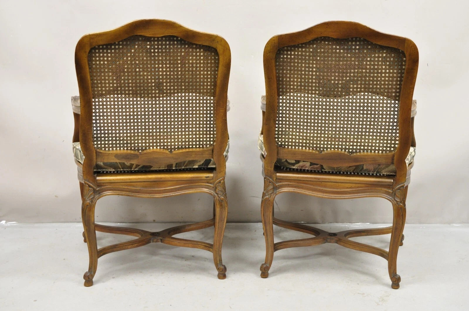 Vintage French Country Louis XV Style Upholstered Cane Lounge Arm Chairs - Pair