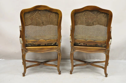 Vintage French Country Louis XV Style Upholstered Cane Lounge Arm Chairs - Pair