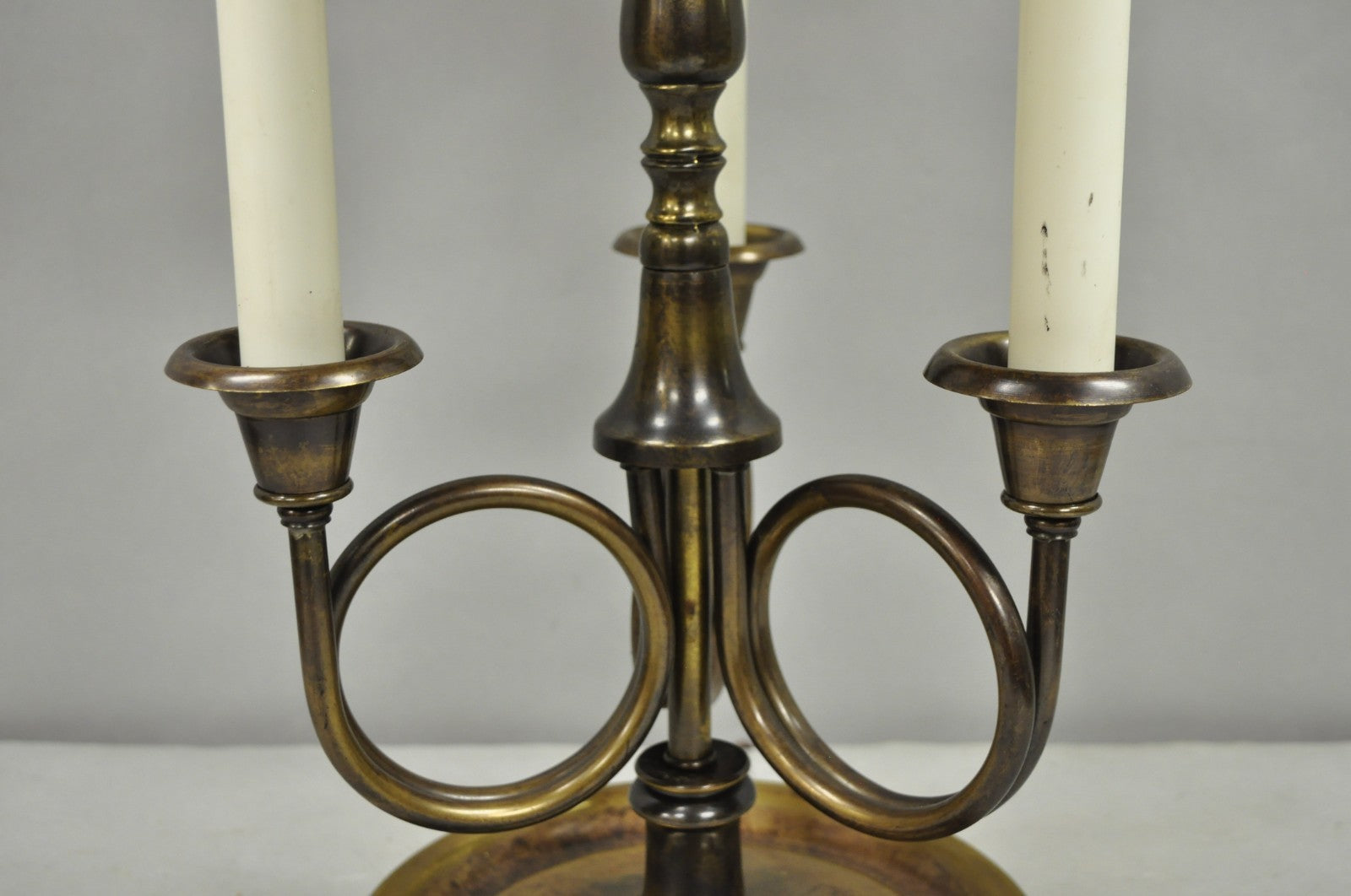 Frederick Cooper Brass Bouillotte Trumpet Arm Table Lamp w/ Green Tole Shade