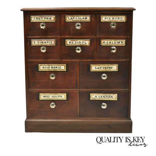 19th Century Mahogany Apothecary Medicine Cabinet w/ 10 Drawers and Glass Pulls