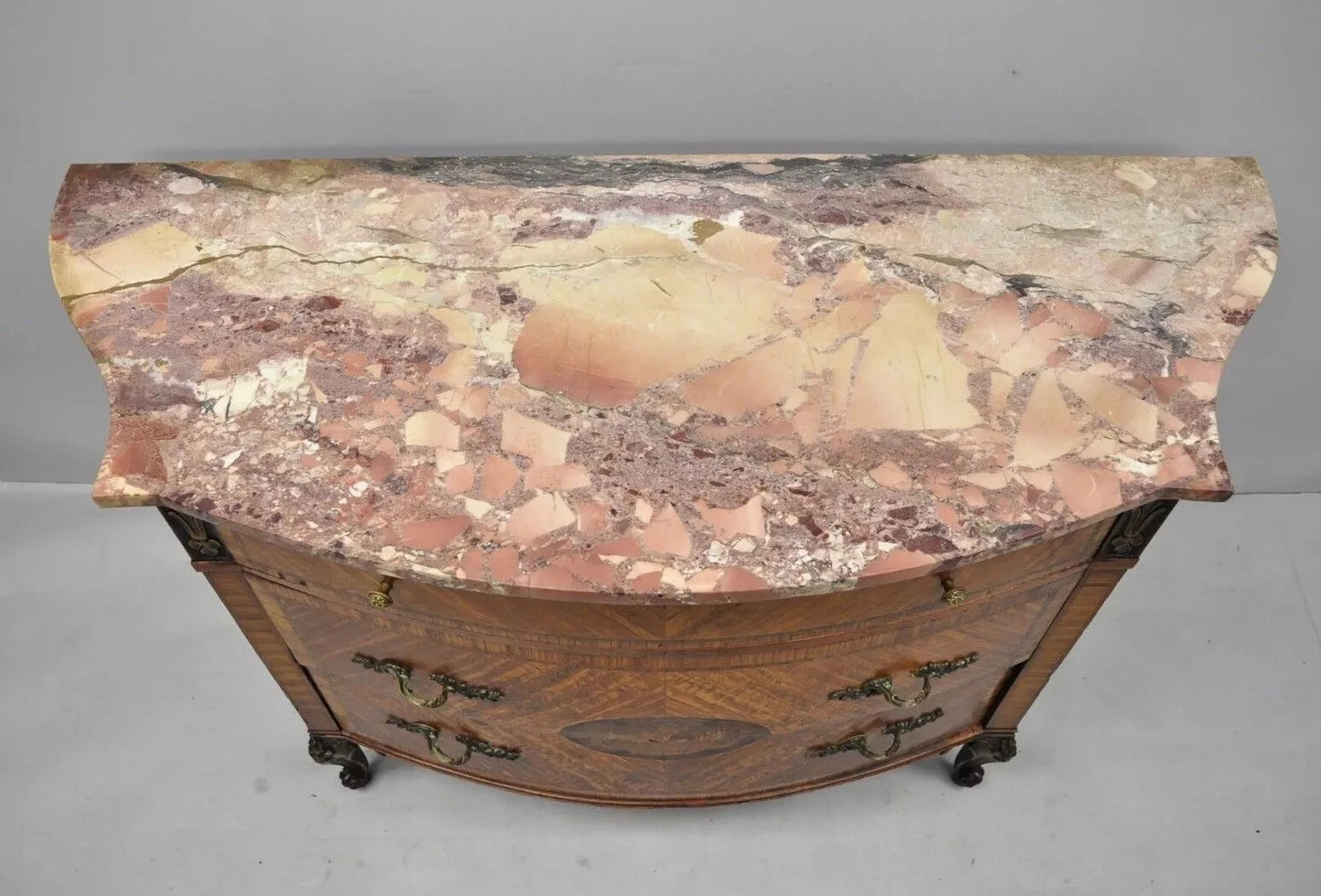 Antique French Louis XV Style Marble Top Satinwood Demilune Commode Dresser