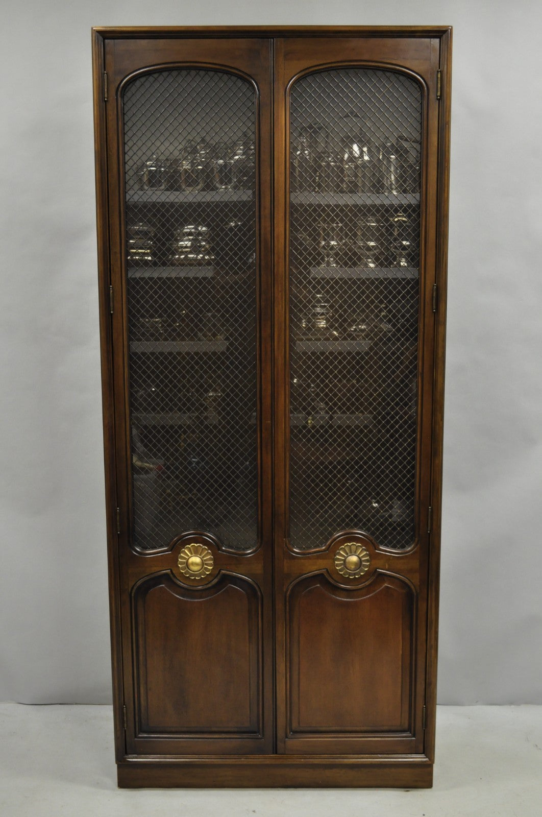 Vintage French Country Dark Cherry Wood Tall Lighted Curio Display Cabinet Pair