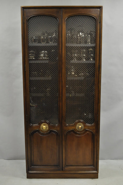 Vintage French Country Dark Cherry Wood Tall Lighted Curio Display Cabinet Pair