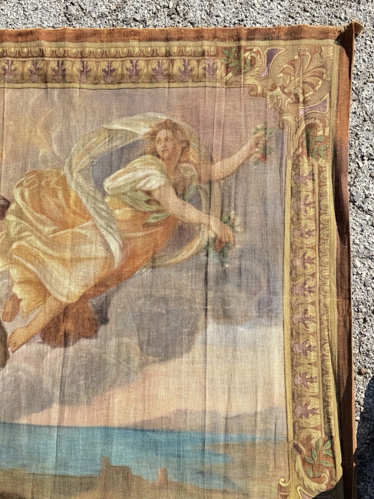 19th C. French Toile Peinte Hand Painted 112" Tapestry after Reni "The Aurora"