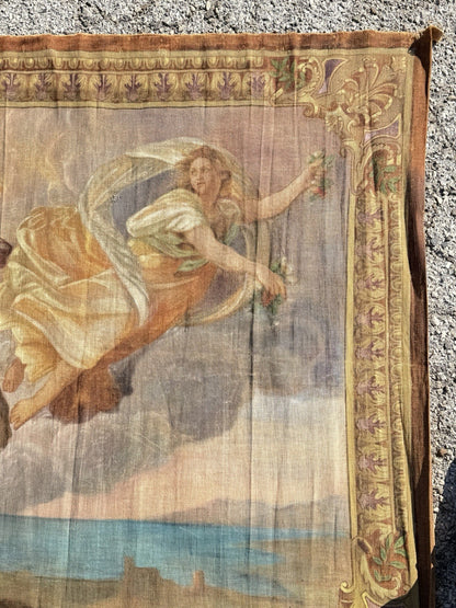 19th C. French Toile Peinte Hand Painted 112" Tapestry after Reni "The Aurora"