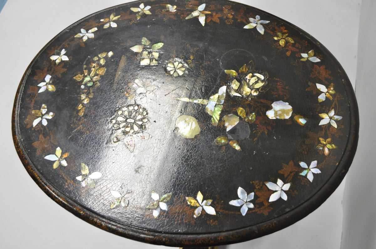 Antique English Victorian Mother of Pearl Inlay Black Lacquer Tilt Top Table