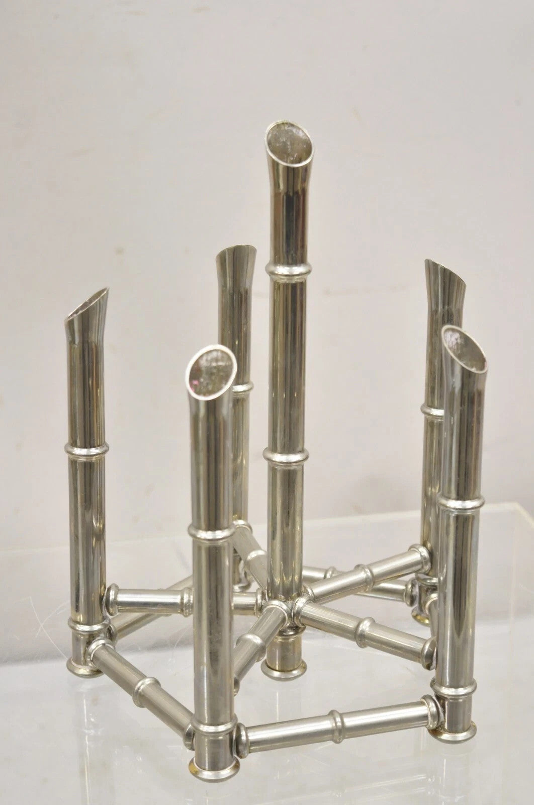 Vintage Hollywood Regency Silver Plated Chrome Faux Bamboo Candlesticks - a Pair