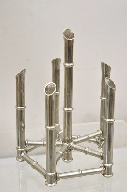 Vintage Hollywood Regency Silver Plated Chrome Faux Bamboo Candlesticks - a Pair
