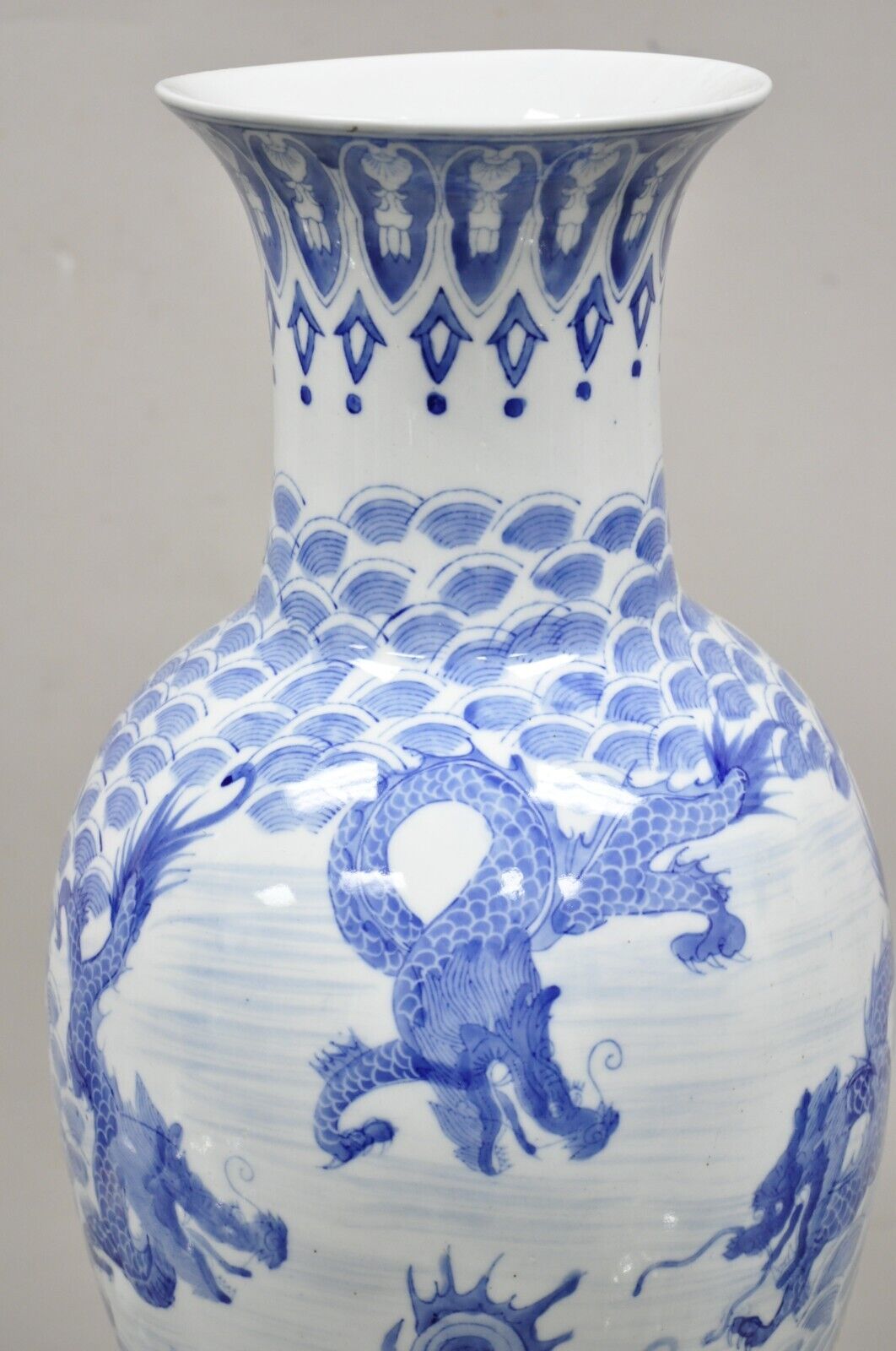 Vintage Blue and White Delf Style Porcelain Chinese Export 25" Tall Dragon Vase