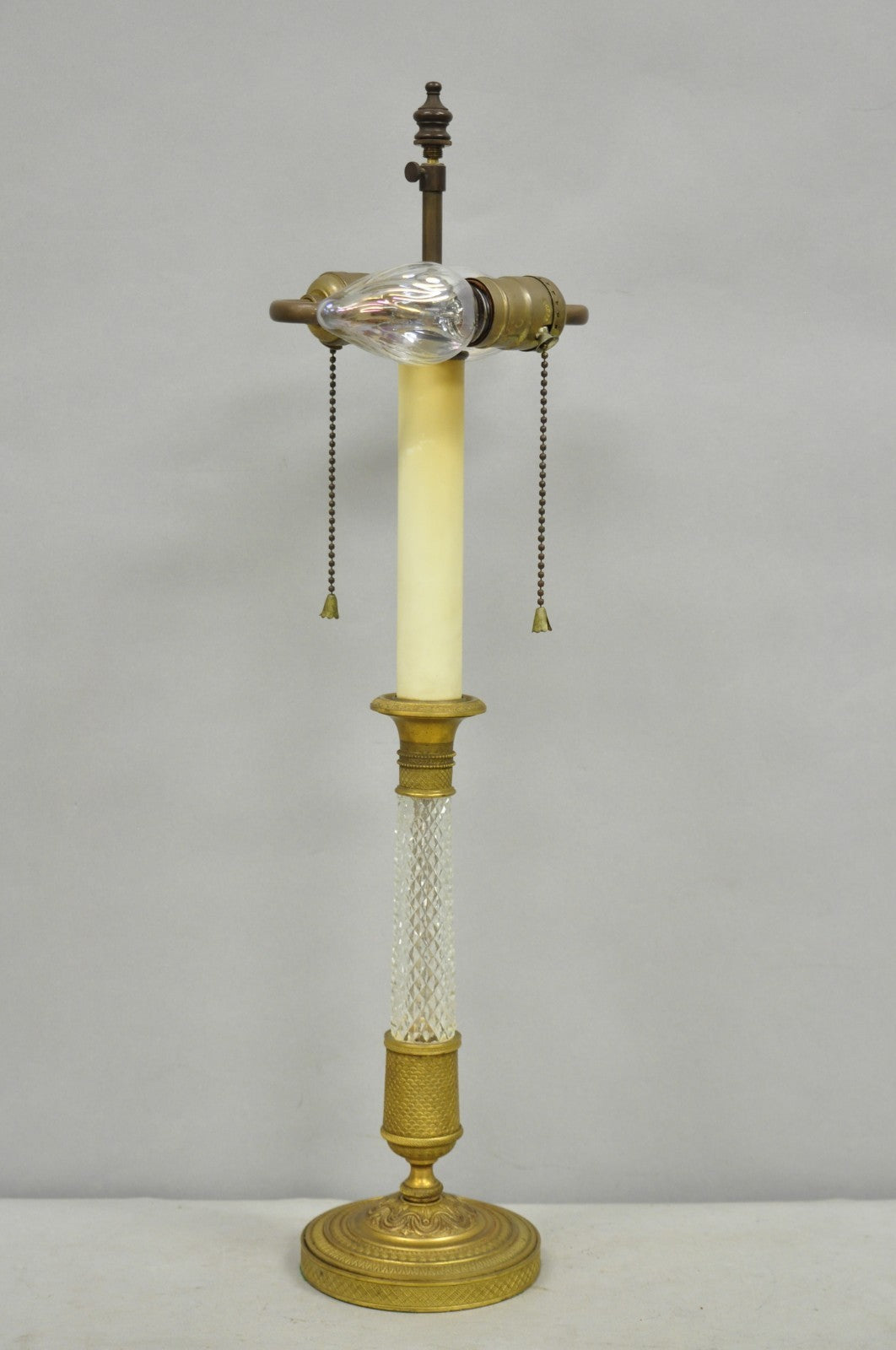 Antique French Empire Gilt Bronze Crystal Column Small Candlestick Table Lamp