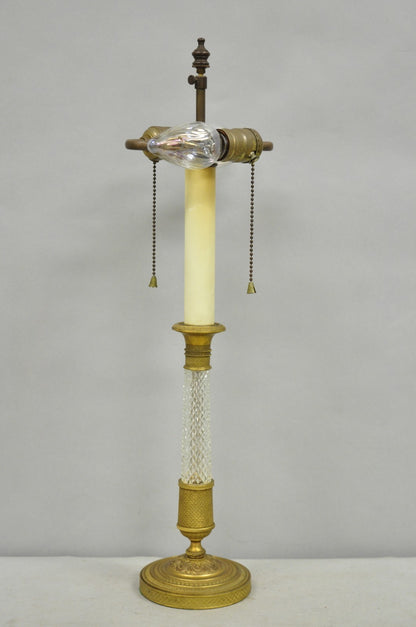 Antique French Empire Gilt Bronze Crystal Column Small Candlestick Table Lamp