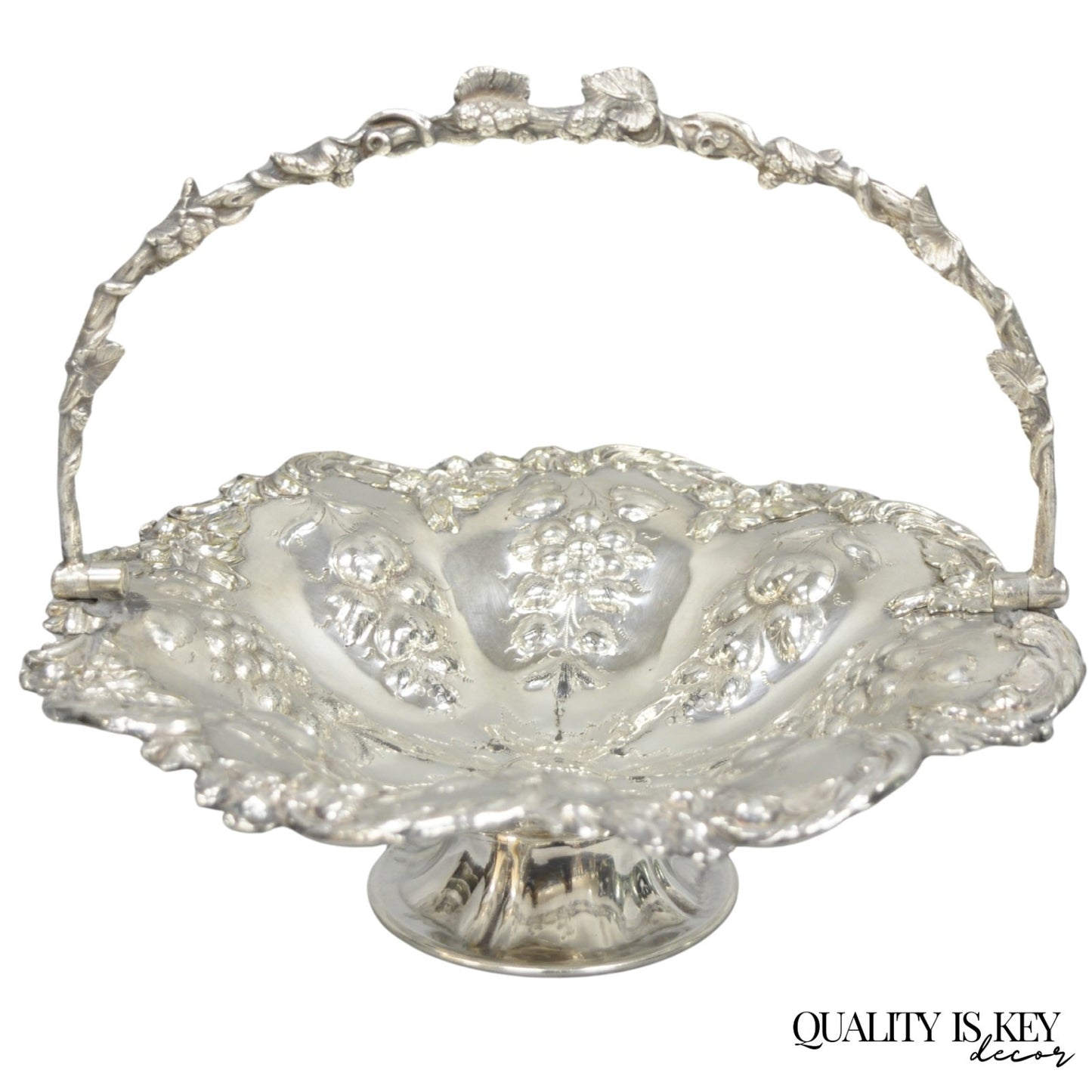 Antique Victorian Silver Plated Grapevine Repousse Dessert Basket Fruit Bowl