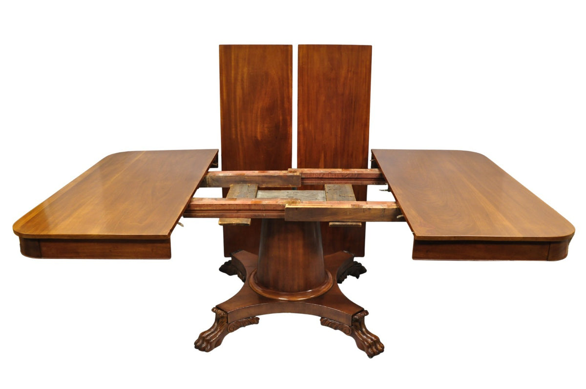 Antique American Empire 54" Square Mahogany Paw Foot Pedestal Base Dining Table