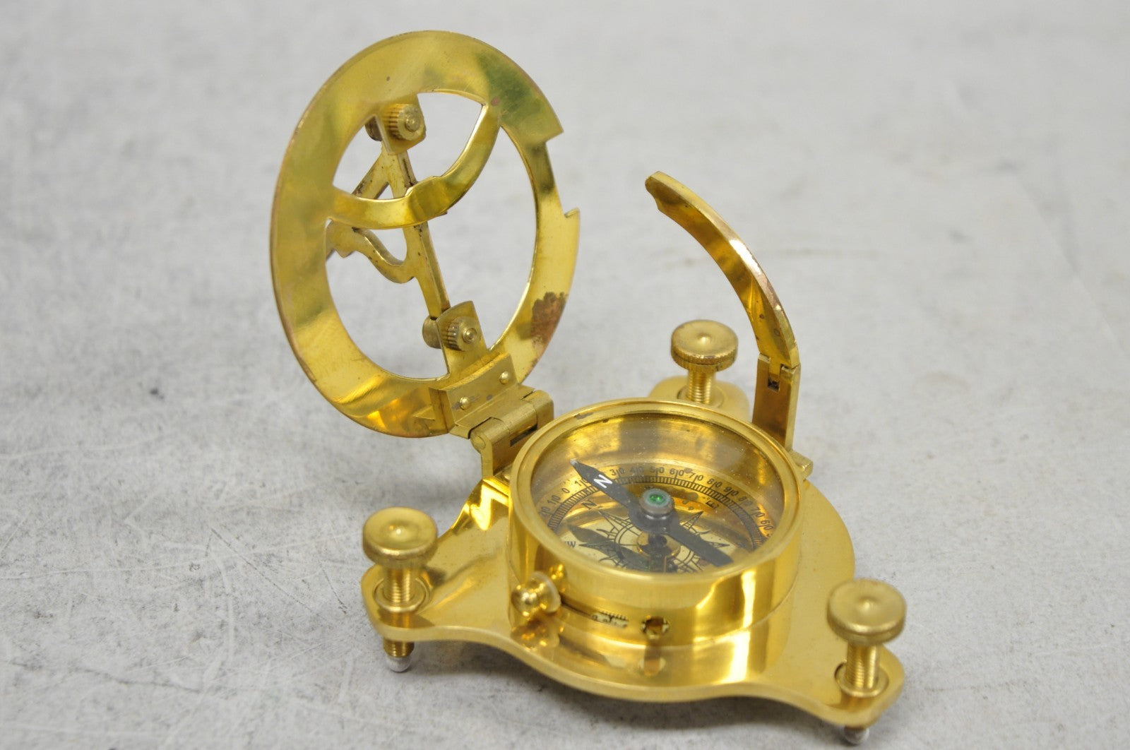 Vintage English Campaign Brass Round Sundial Compass with Small Rosewood Box