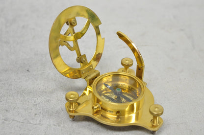 Vintage English Campaign Brass Round Sundial Compass with Small Rosewood Box