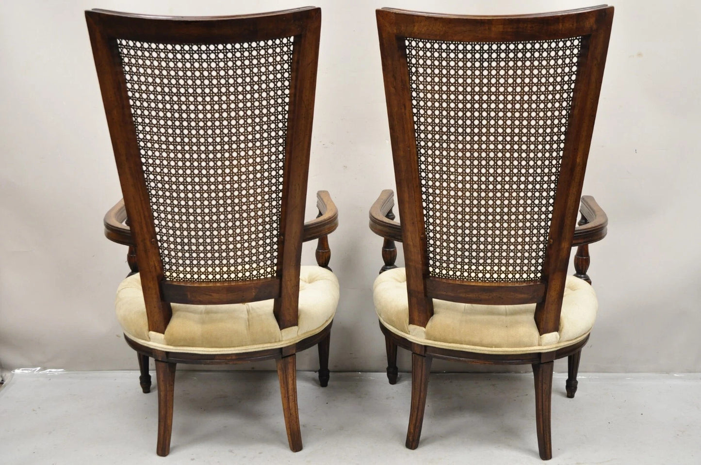 Vintage Hollywood Regency Tall Cane Back Fireside Lounge Armchairs - a Pair