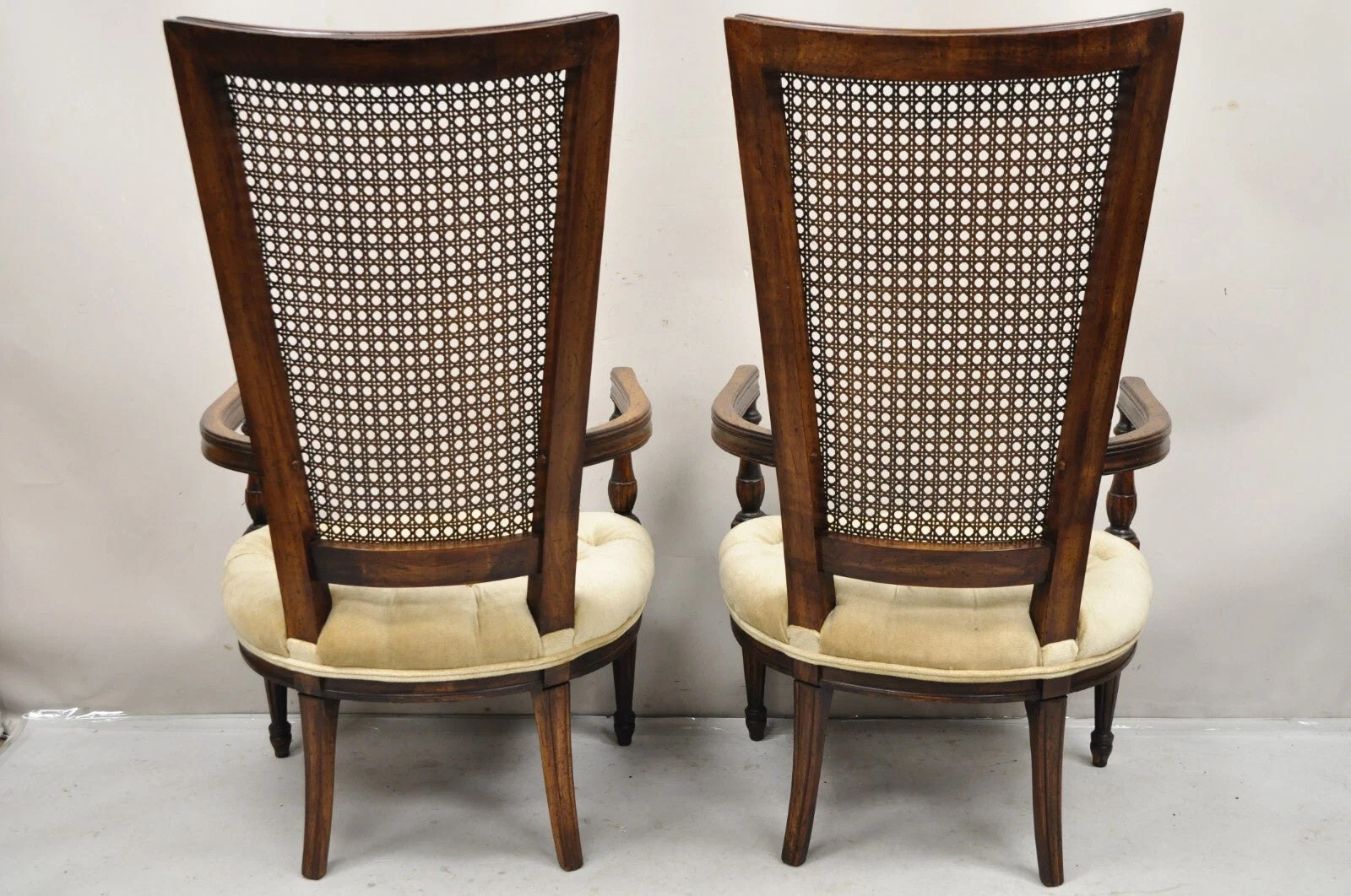 Vintage Hollywood Regency Tall Cane Back Fireside Lounge Armchairs - a Pair