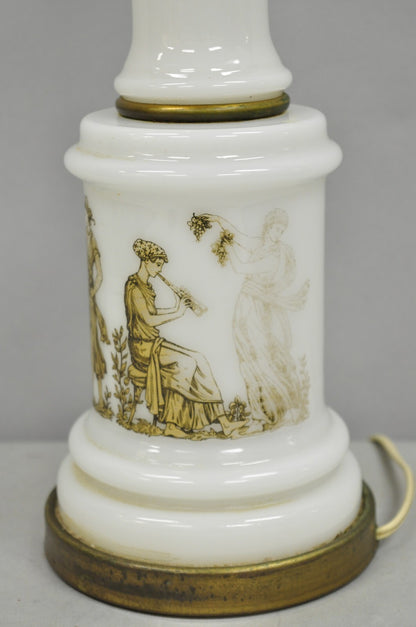 Vintage Italian Neoclassical Style White Milk Glass Empire Column Table Lamp