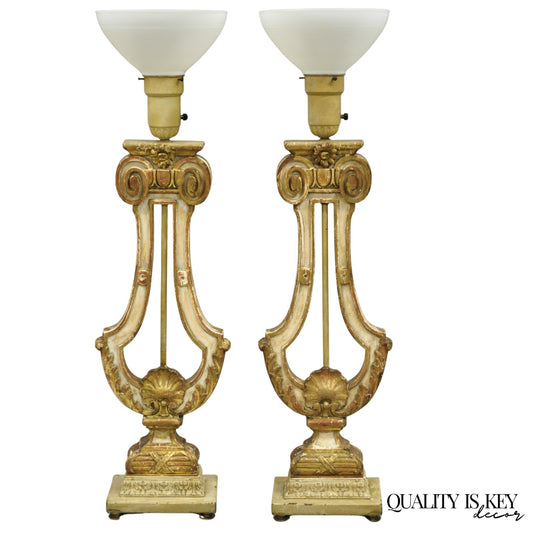 Italian Neoclassical Cream & Gold Gilt Carved Wood Harp Column Table Lamp - Pair